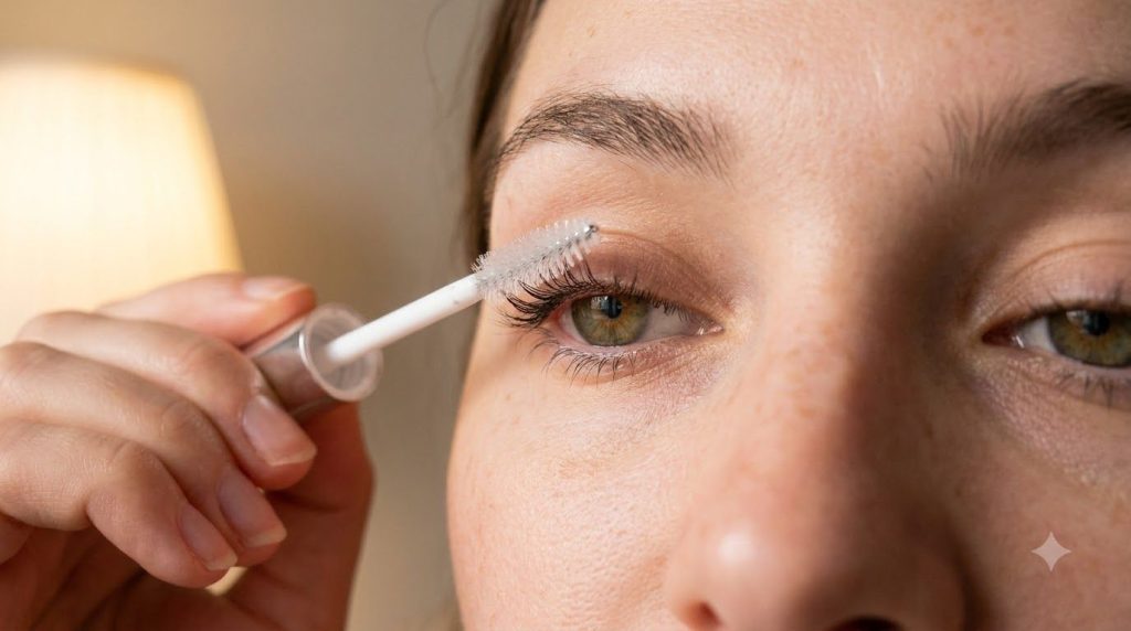 A person gently applying a DIY lash serum with a clean mascara wand to their upper and lower eyelashes with their eyes s