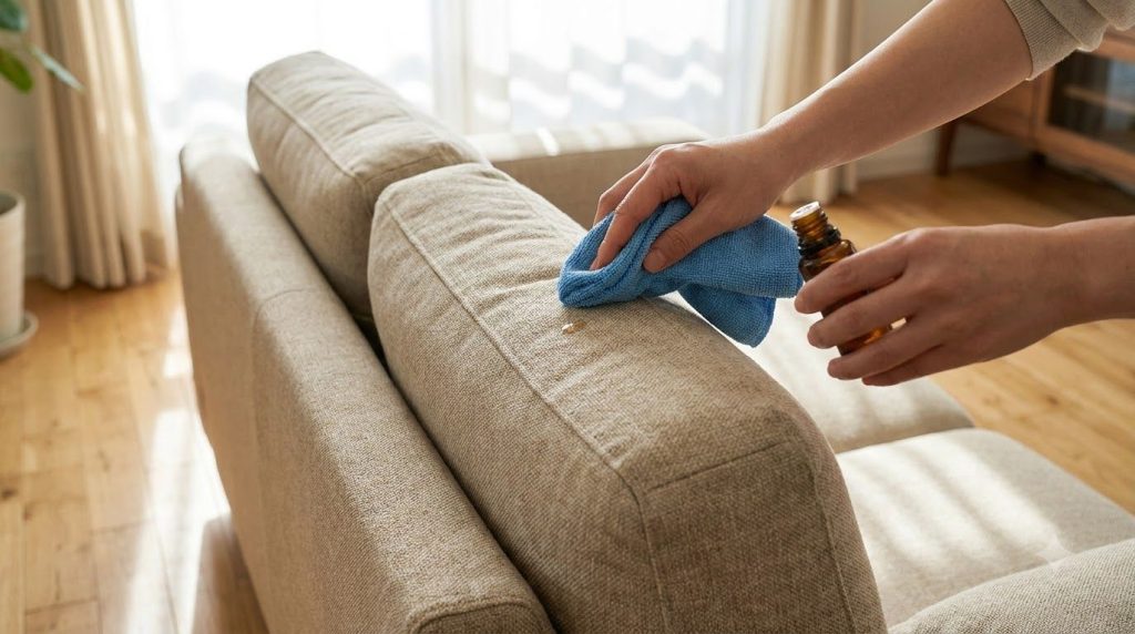 A hand applying a small amount of cleaning solution with a microfiber cloth to an inconspicuous area of a sofa like the 