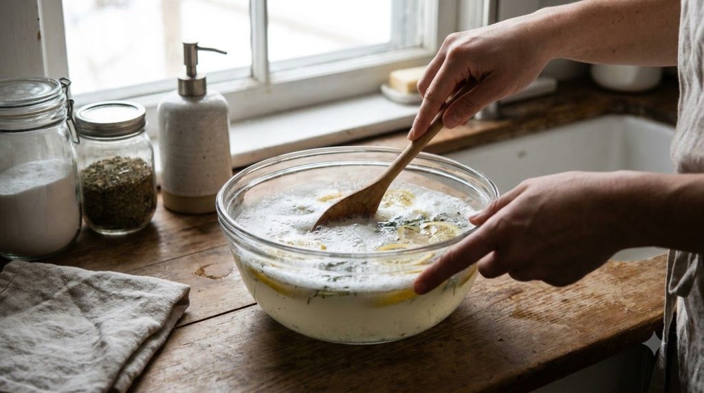 Hands gently stirring the homemade cleaning solution in a large bowl showing a slight foam on the surface
