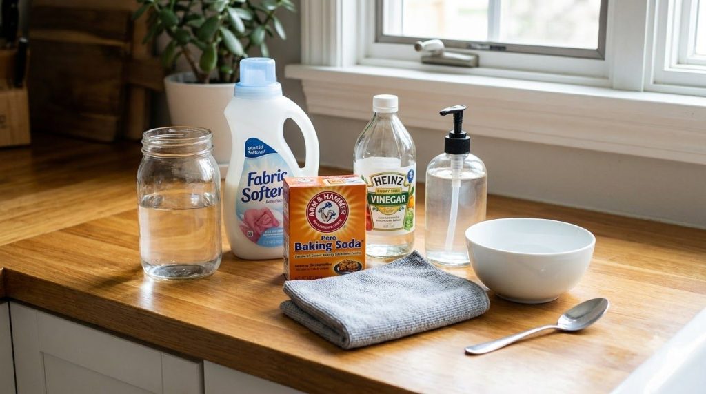 All ingredients for the cleaning solution laid out water fabric softener baking soda white vinegar dish soap microfiber 
