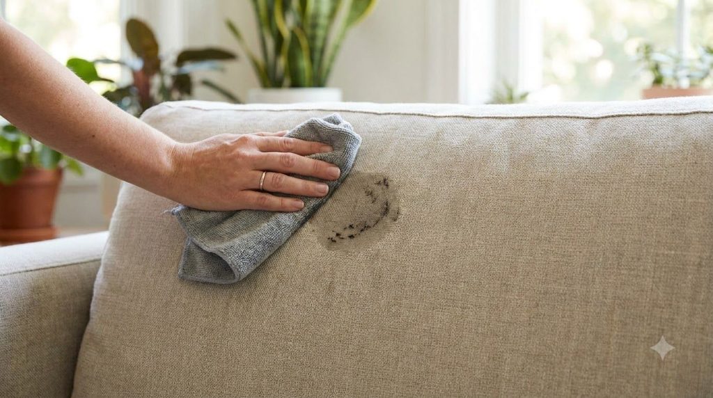 A hand gently rubbing a stained section of a sofa with a damp microfiber cloth cleaning the visible dirt