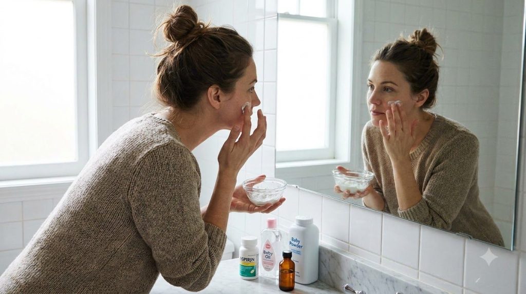 A woman gently applying the aspirin baby oil and baby powder paste to her cheek with her fingertips in a well-lit bathro