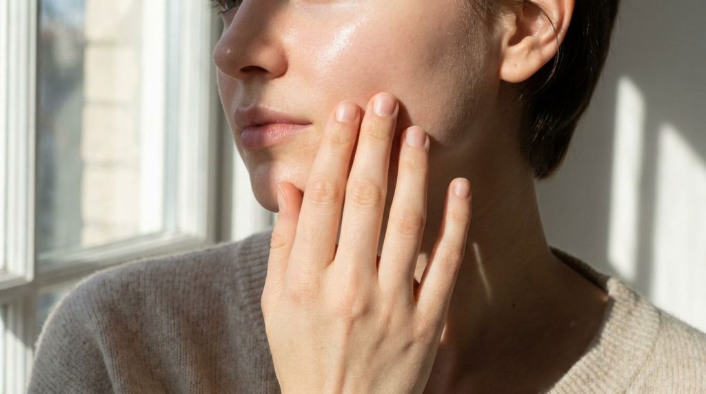 A close-up of a hand gently touching a visibly soft and hydrated cheek with a subtle glow implying the morning after the
