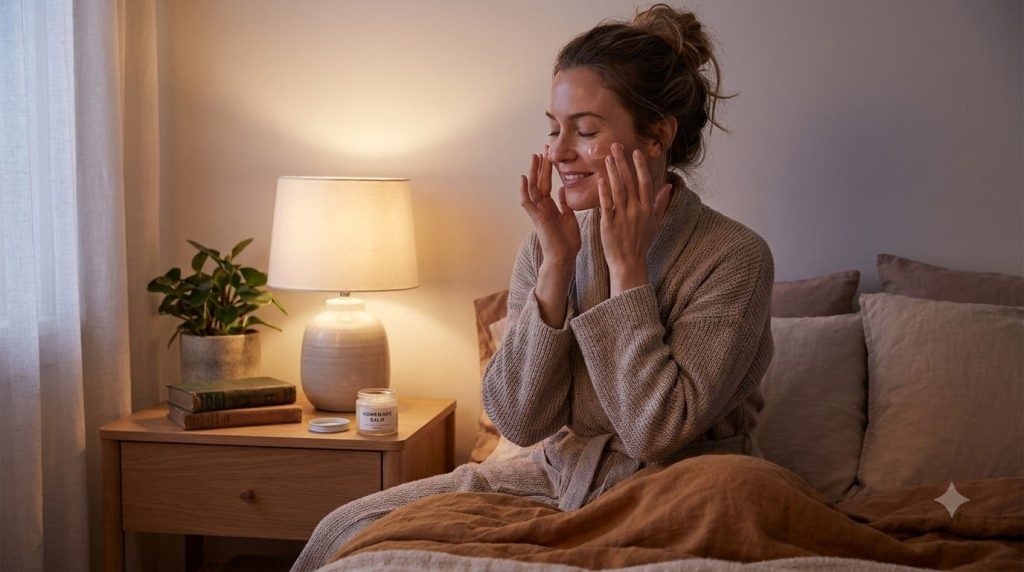 A woman gently applying a thin layer of the mixed balm to her face before bed showing a soft focused expression Her hand