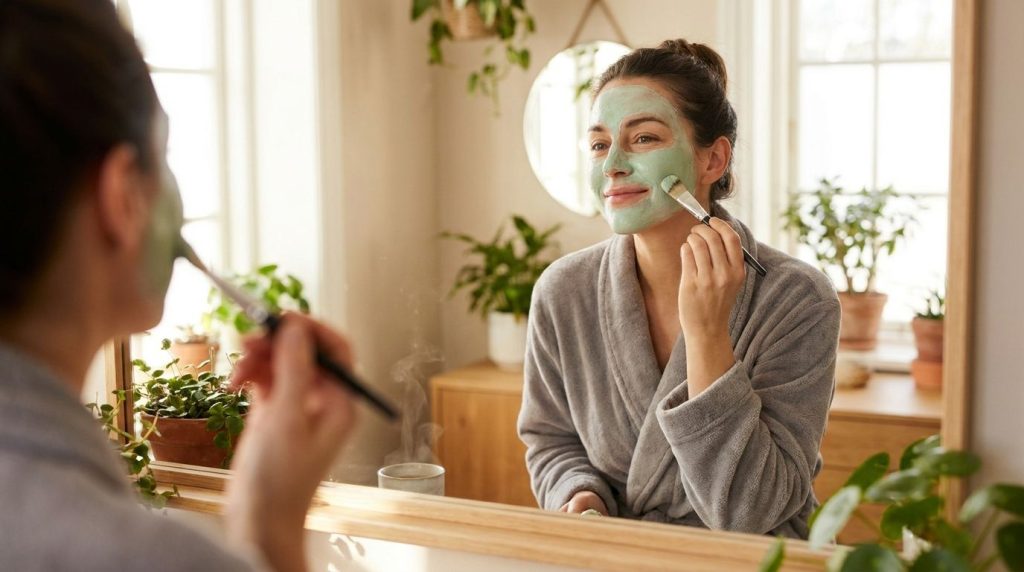 A woman gently applying a green tea face mask to her face in a bathroom setting with a mirror in the background