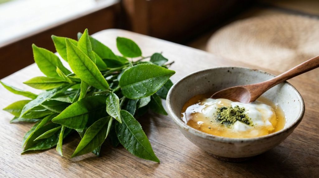 A close-up of green tea leaves and a bowl of prepared green tea mask ingredients