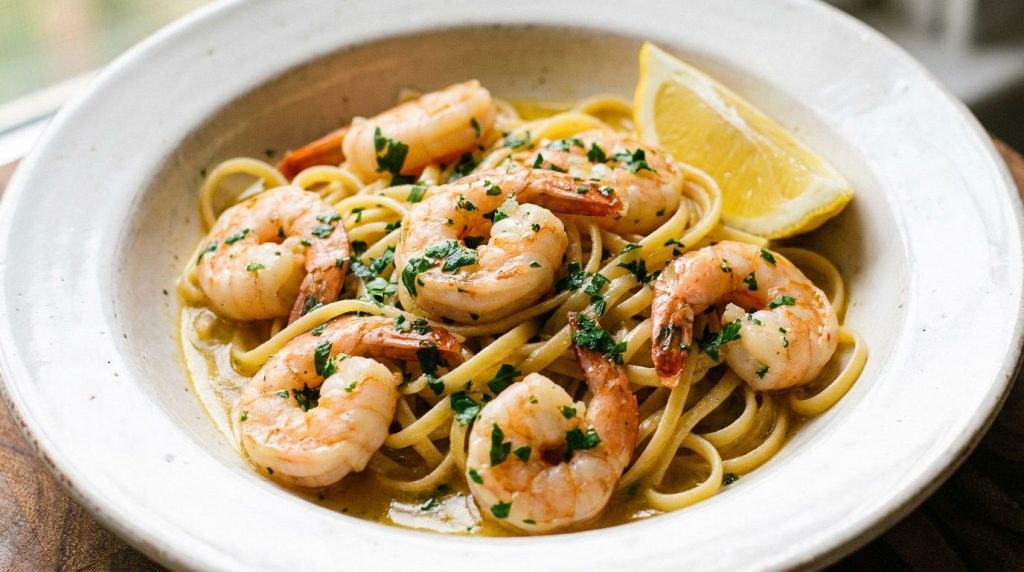 Shrimp scampi tossed with linguine garnished with fresh parsley and a lemon wedge served in a shallow bowl