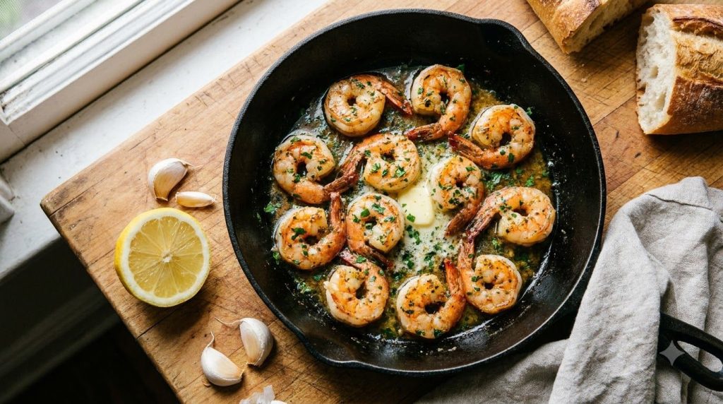 Sautéed garlic butter shrimp in a cast iron skillet garnished with fresh parsley and a squeeze of lemon