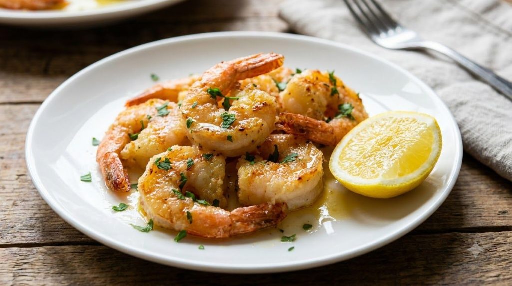 Golden baked parmesan shrimp sprinkled with fresh parsley on a white plate with a lemon wedge on the side