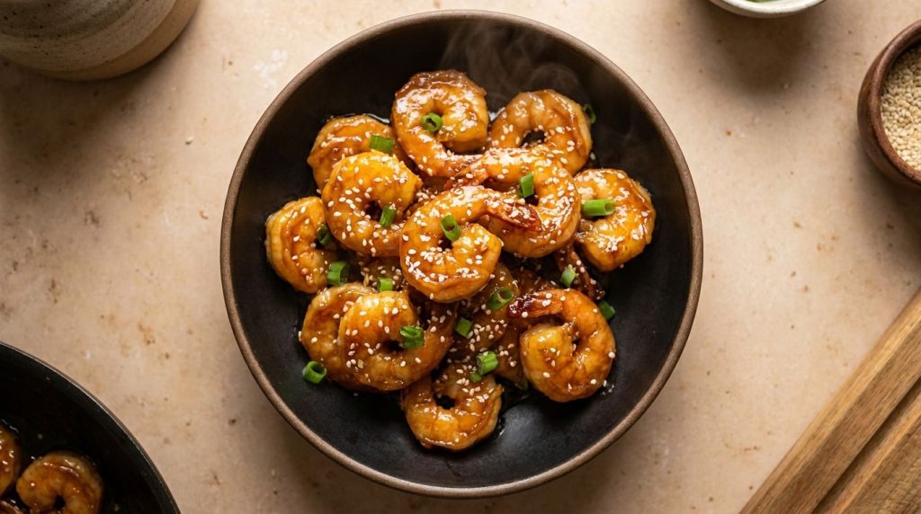 Glossy honey garlic shrimp garnished with sesame seeds and sliced green onions served in a shallow bowl
