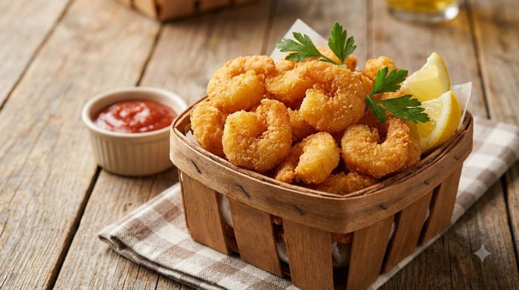 A pile of golden bite-sized popcorn shrimp in a small basket or bowl with a side of cocktail sauce