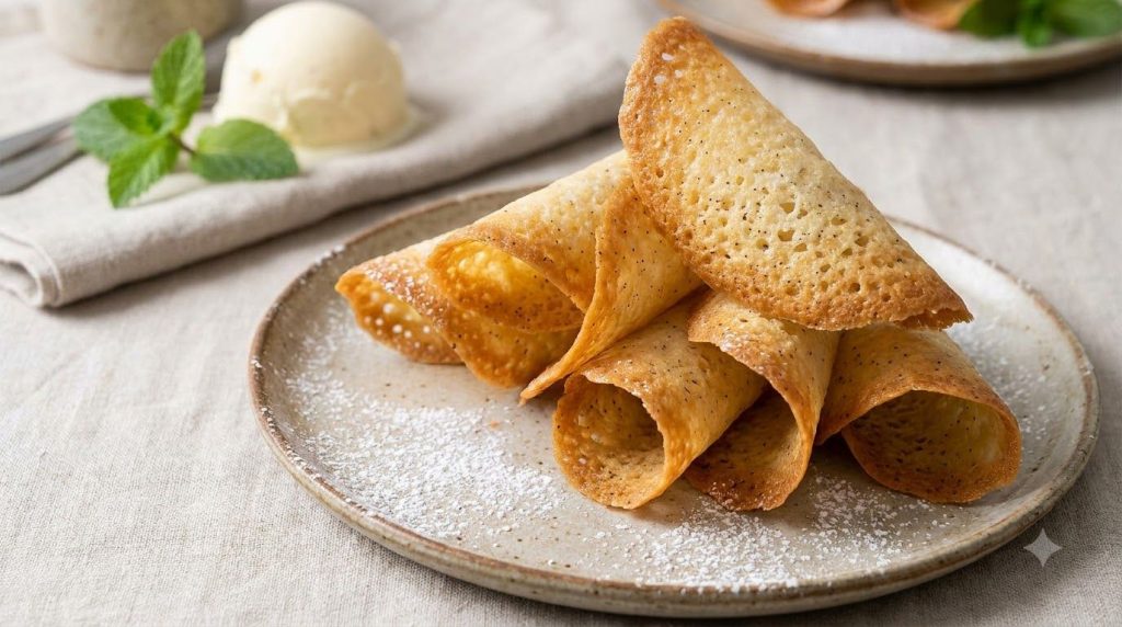 Elegant pale golden vanilla bean tuiles with visible specks of vanilla arranged delicately to highlight their lacy textu