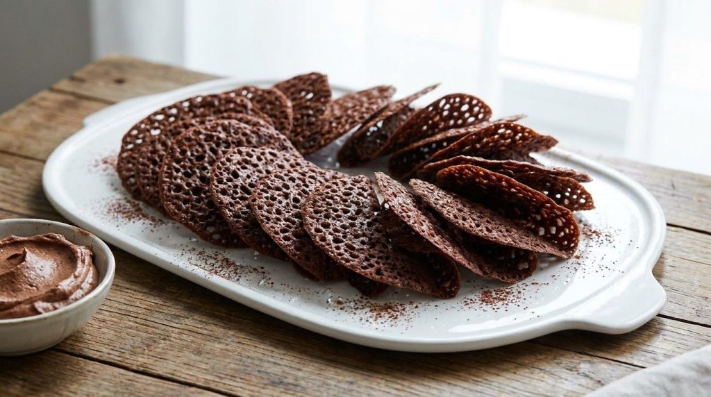 Rich dark cocoa tuiles with a delicate lacy pattern arranged artistically on a white serving plate ready to garnish a ch