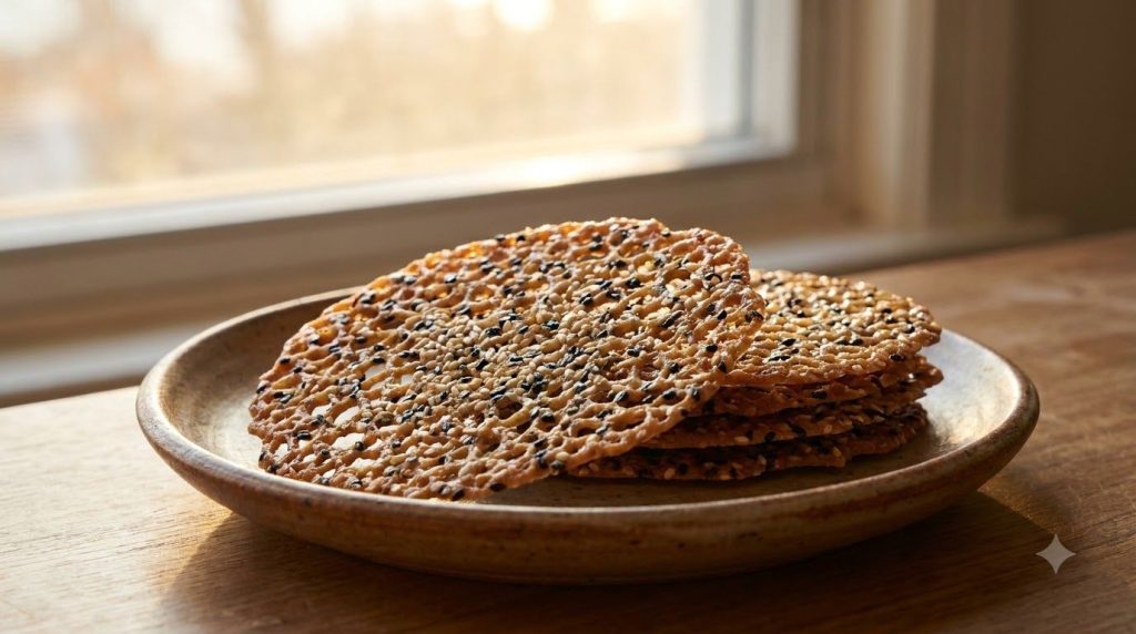 Thin crispy sesame lace wafers studded with toasted sesame seeds and showcasing a delicate open pattern presented in a s
