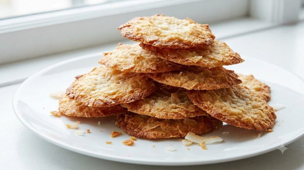Golden-brown thinly baked coconut crisps with a slightly irregular rustic edge stacked lightly on a white surface highli