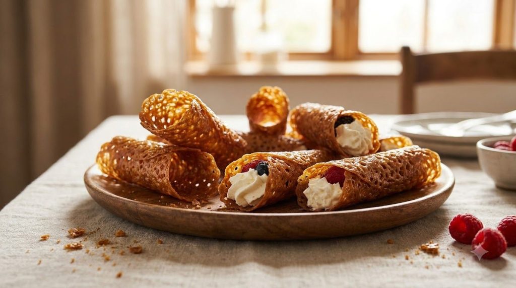 Classic golden-brown brandy snaps shaped into elegant cones or cylinders some filled with whipped cream arranged beautif