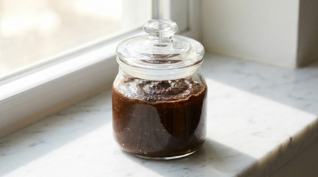 A small glass jar filled with a brown gritty coffee and baby oil paste placed on a smooth white surface with soft diffus