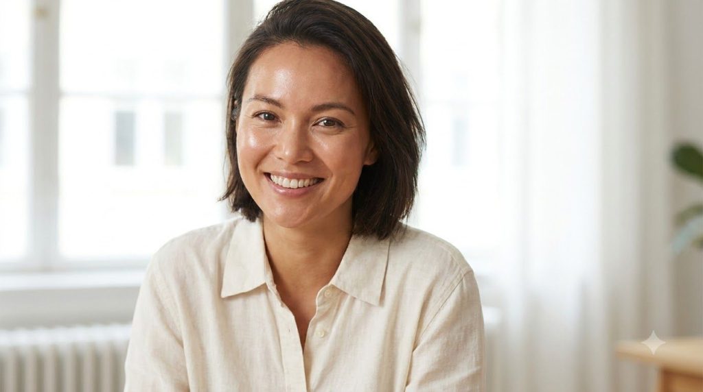 A woman smiling with healthy glowing skin looking refreshed and confident implying the benefits of a good skincare routi