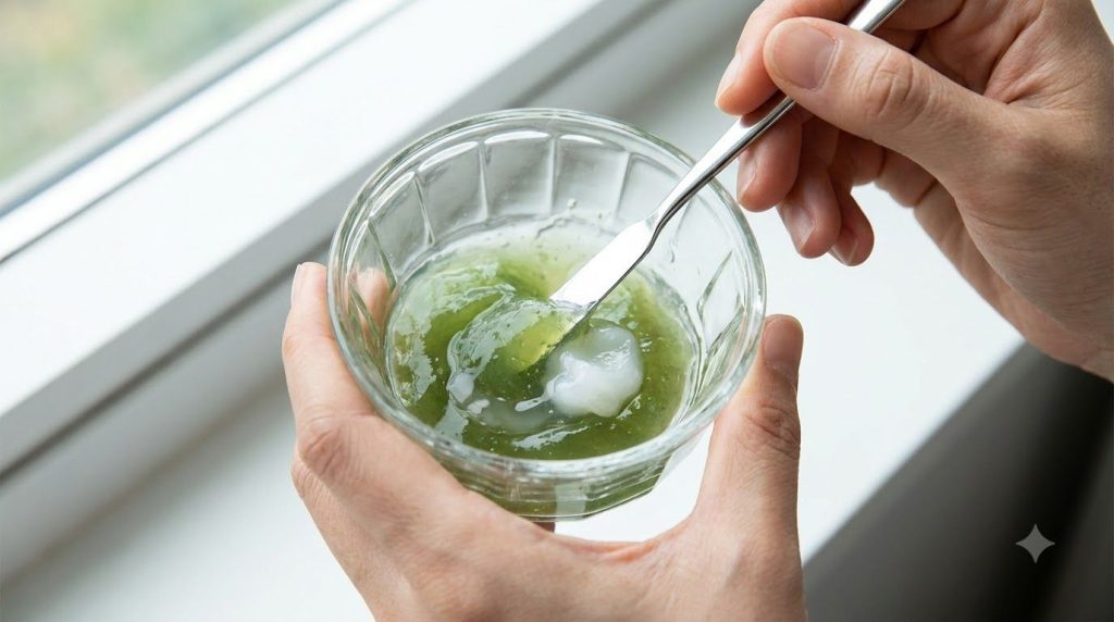 A person s hands gently mixing sea moss gel snail essence and petroleum jelly in a small glass bowl with a tiny spatula