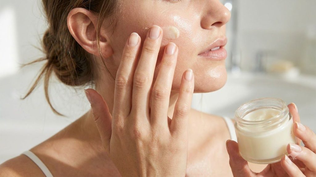 A person s hand applying a small amount of the DIY sea moss snail essence vaseline blend to their cheek gently massaging