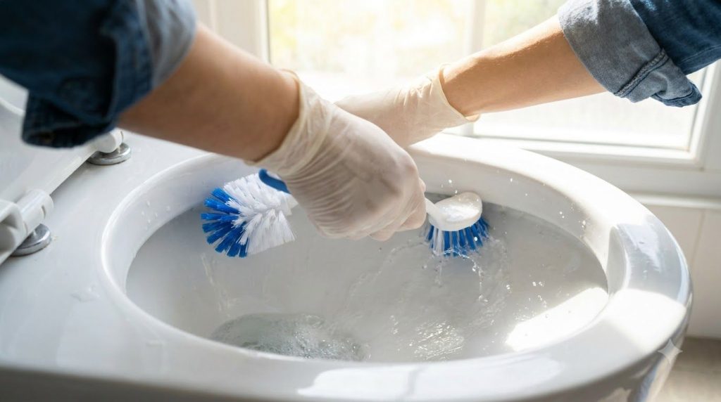 A person scrubbing the inside of a toilet bowl with a toilet brush demonstrating a cleaning step The toilet is clean and