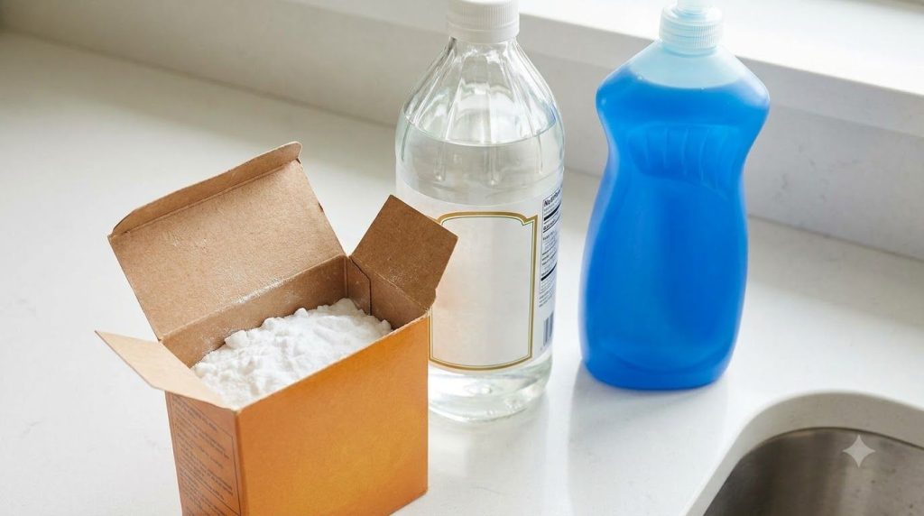 Close-up of baking soda box white vinegar bottle and blue dish soap bottle on a kitchen counter ready for cleaning