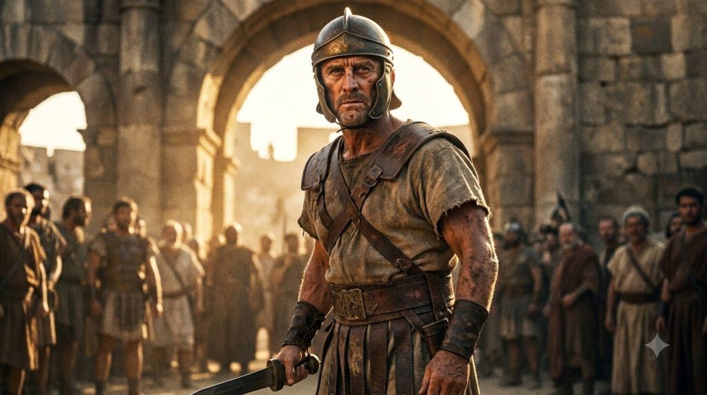 A real film still of Kirk Douglas as Spartacus wearing Roman-era clothing looking determined