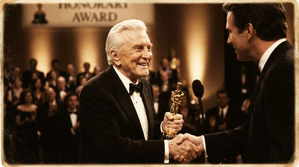 A real archival photo of Kirk Douglas receiving an honorary award later in his career smiling warmly