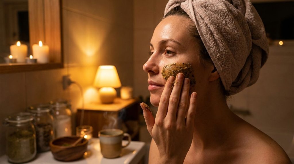 A woman gently applying a homemade face mask to her clean face looking relaxed and serene in a soft ambient light