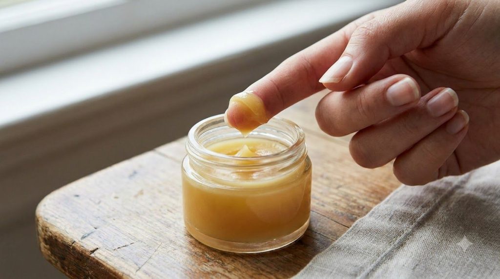 A close-up of a hand gently scooping the glowing Vaseline balm from a small container showcasing its smooth texture The 