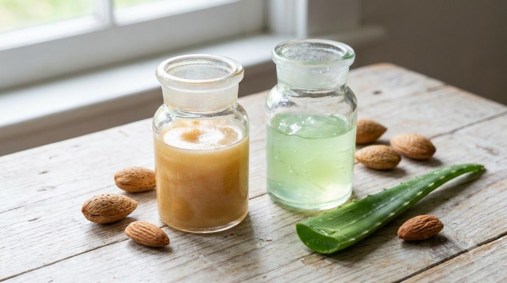 Two small clear glass jars containing the homemade Vaseline beauty remedies one with a yellow-tinted glow balm and anoth