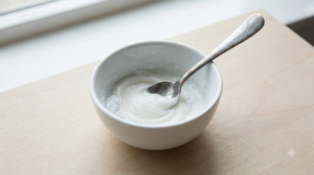 A close-up of a small bowl containing a creamy white mixture of Vaseline and baking soda with a spoon stirring it gently