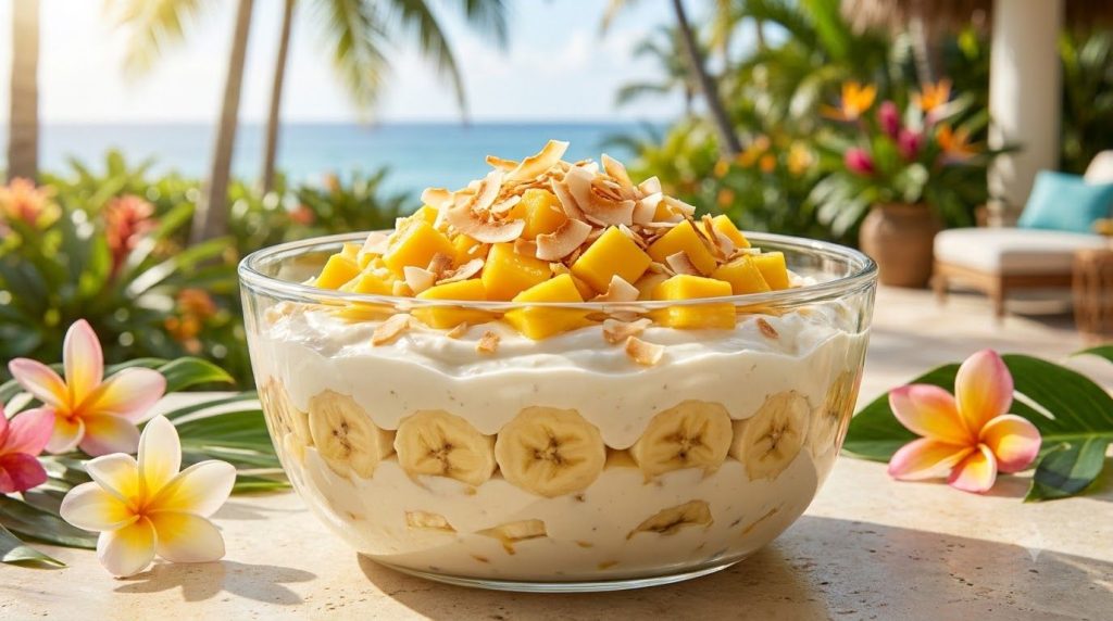 A clear glass bowl filled with creamy coconut banana pudding topped with diced mango and toasted coconut flakes in a bri