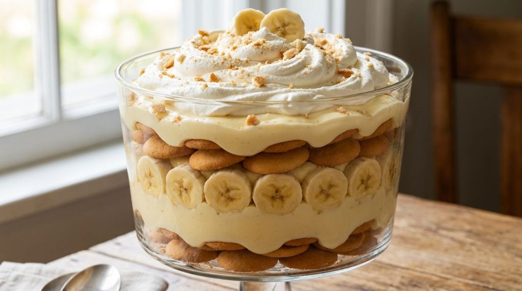 A clear glass trifle bowl filled with layers of vanilla wafers sliced bananas and creamy vanilla pudding topped with whi