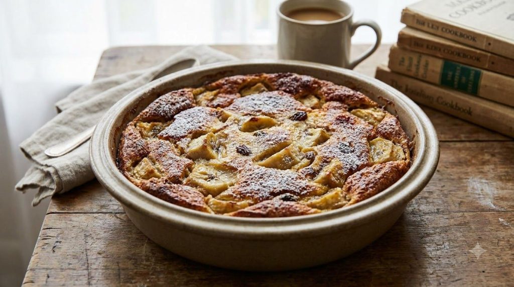 A rustic baking dish filled with golden-brown banana bread pudding featuring visible chunks of banana and a slight caram