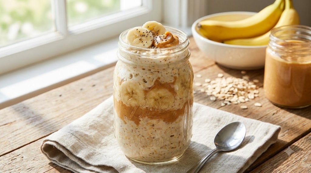 A clear mason jar filled with layers of creamy overnight oats mashed banana and swirls of peanut butter garnished with f
