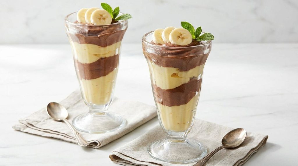 Two glass parfait cups showing distinct swirls of light banana pudding and dark chocolate pudding with a few banana slic