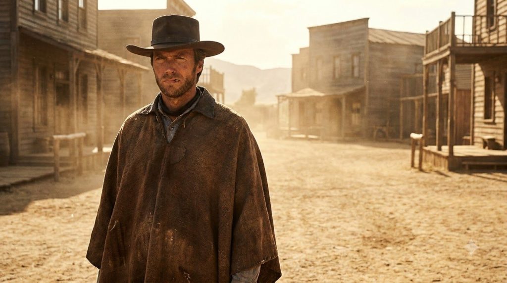 Clint Eastwood as The Man with No Name from the Dollars Trilogy wearing a poncho and cowboy hat in a dusty Western setti
