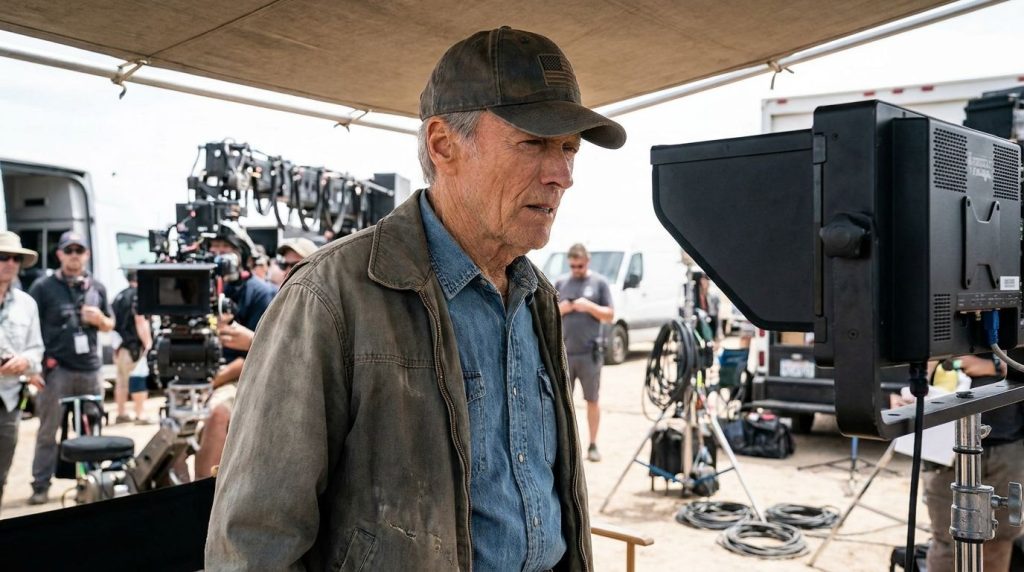 Clint Eastwood directing a film perhaps on set looking focused and in command with film equipment visible in the backgro