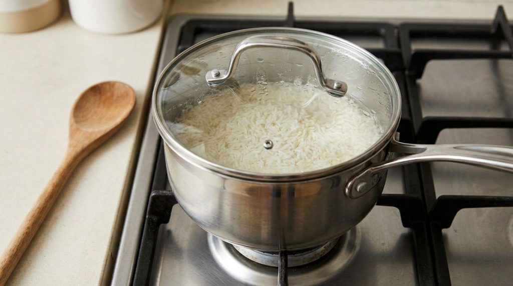 White rice and cold water in a medium saucepan on a stovetop before cooking