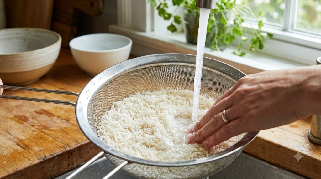 A close-up shot of white rice being rinsed in a fine-mesh sieve under cold running water with a hand gently stirring the