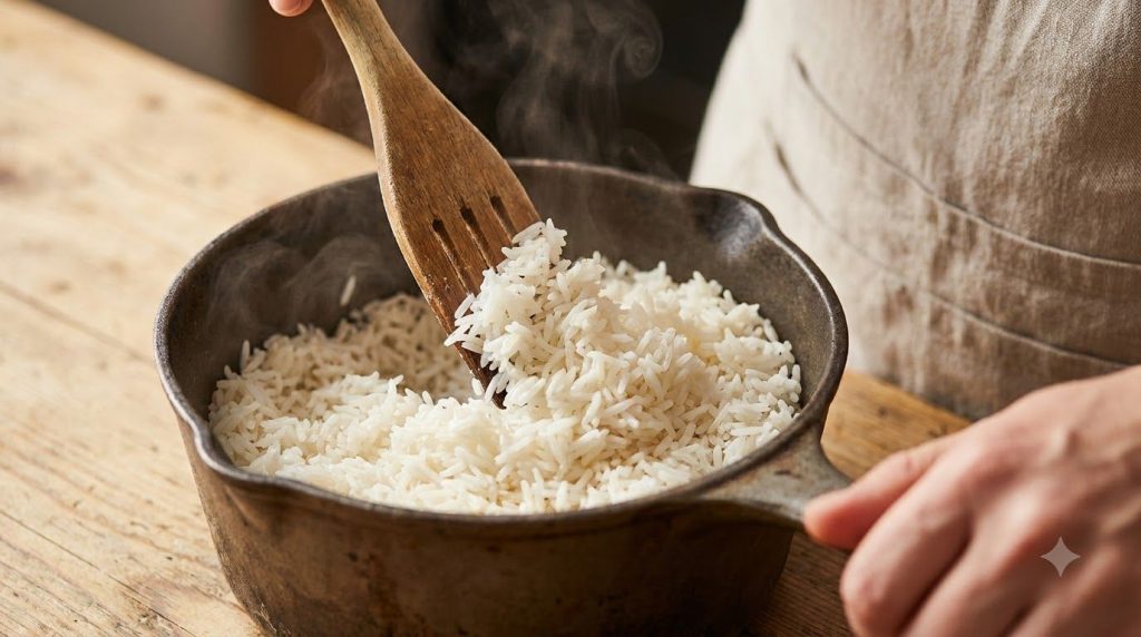 Fluffy perfectly cooked white rice in a saucepan after cooking and resting being fluffed with a fork