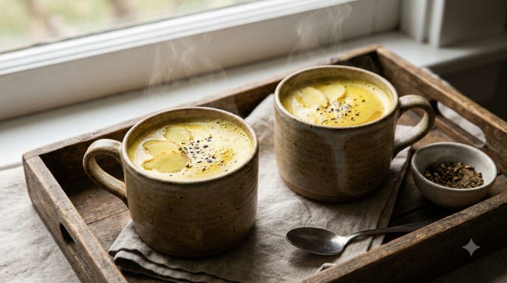 Two ceramic mugs of golden turmeric ginger tea with a few fresh ginger slices and a pinch of black pepper visible steam 