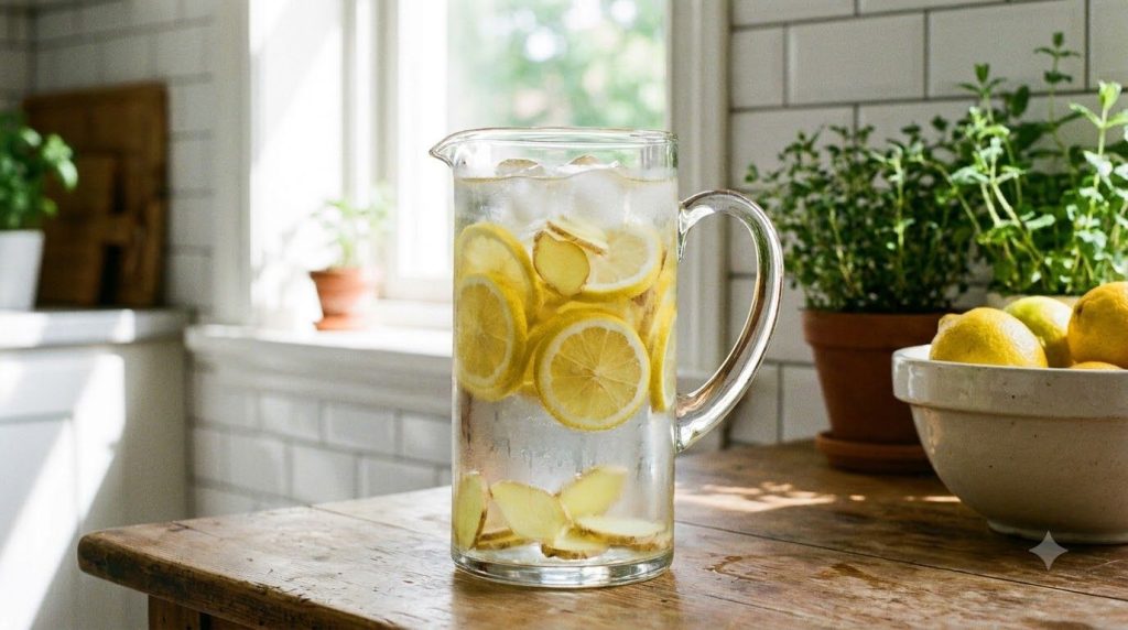 A clear glass pitcher filled with water lemon slices and thin ginger slices with ice cubes against a bright clean kitche