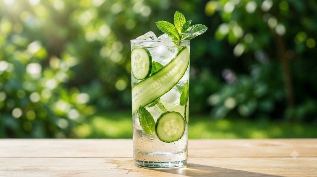 A tall glass of cucumber mint infused water with ice garnished with a cucumber ribbon and a mint sprig on a light-colore