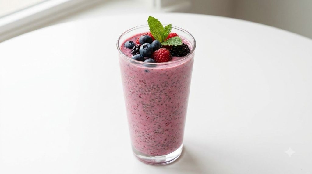 A tall glass filled with a pink-purple berry drink swollen chia seeds visible garnished with fresh berries and a mint le