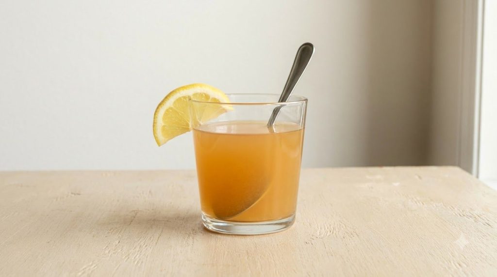 A glass of amber-colored apple cider vinegar drink with a lemon wedge on the rim and a small spoon on a simple light bac