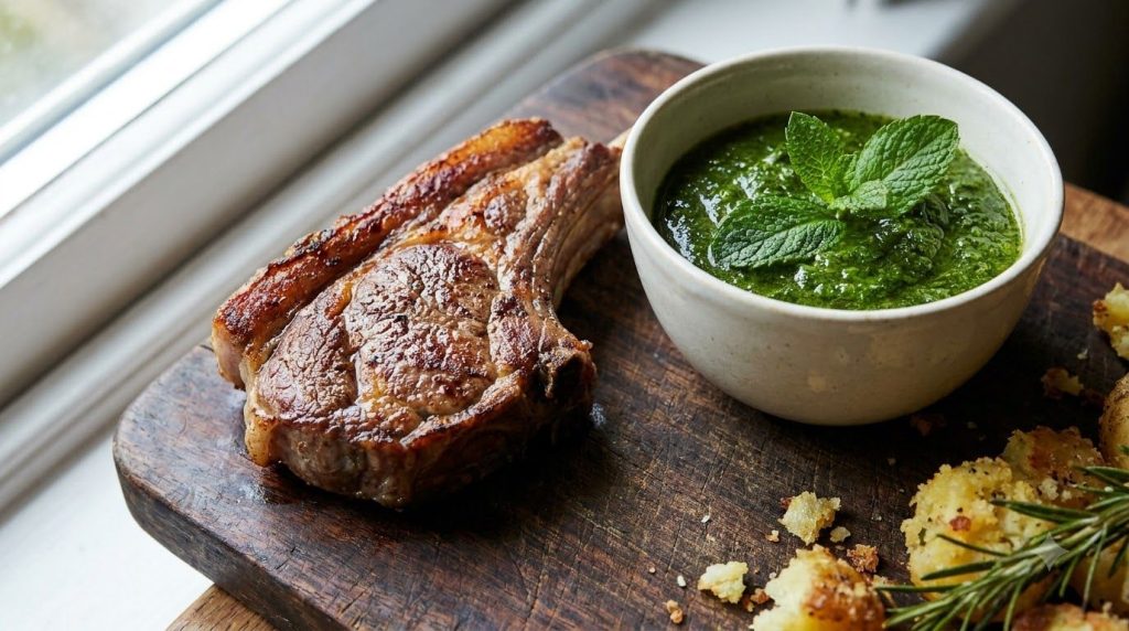 A small bowl of classic mint sauce with fresh mint leaves next to a cooked lamb chop