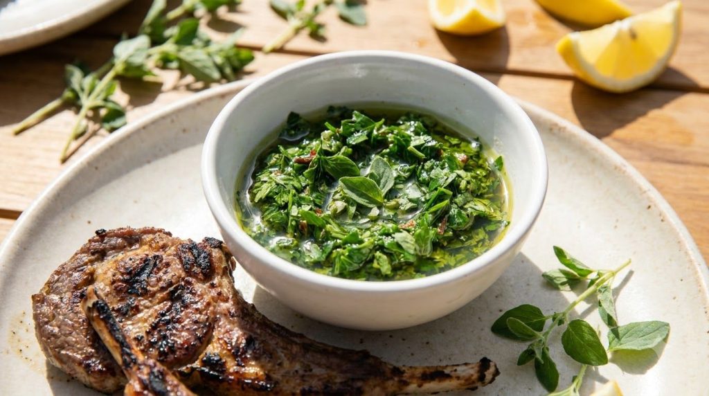 A bright green chimichurri sauce in a small bowl with fresh parsley and oregano leaves visible next to cooked lamb chops