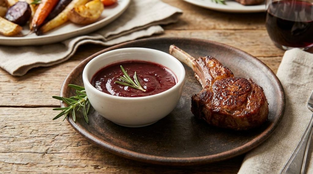 A rich dark red wine reduction sauce in a small white bowl with a sprig of rosemary next to cooked lamb chops